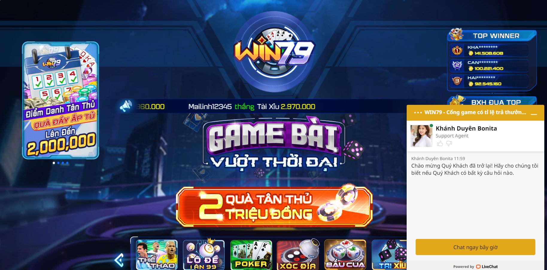 Giao diện Live chat của cổng game Win79 